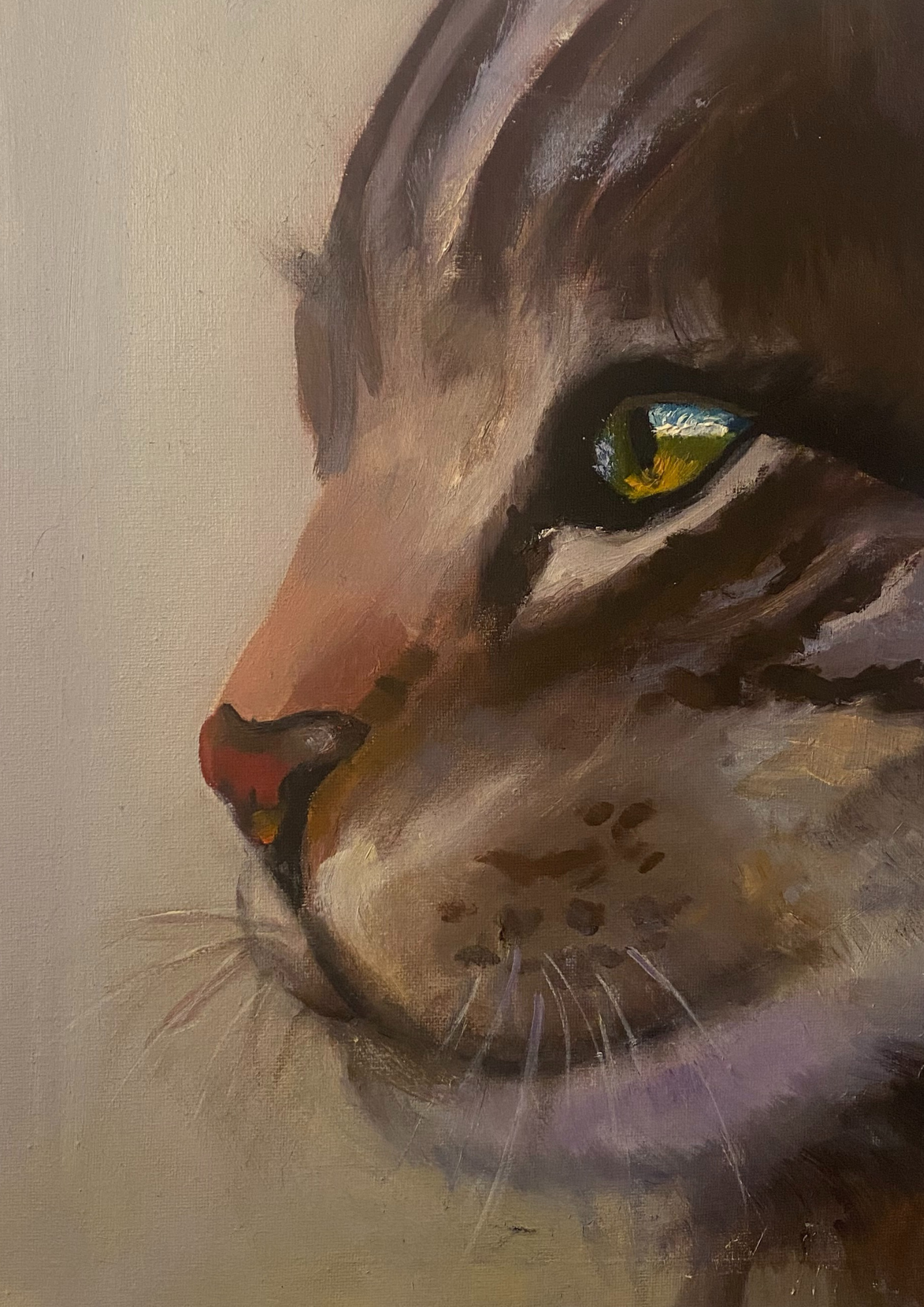 Dipinto a olio su tela raffigurante il primo piano di un gatto con sguardo intenso e misterioso, opera d’arte originale in vendita a Rimini e in Italia.