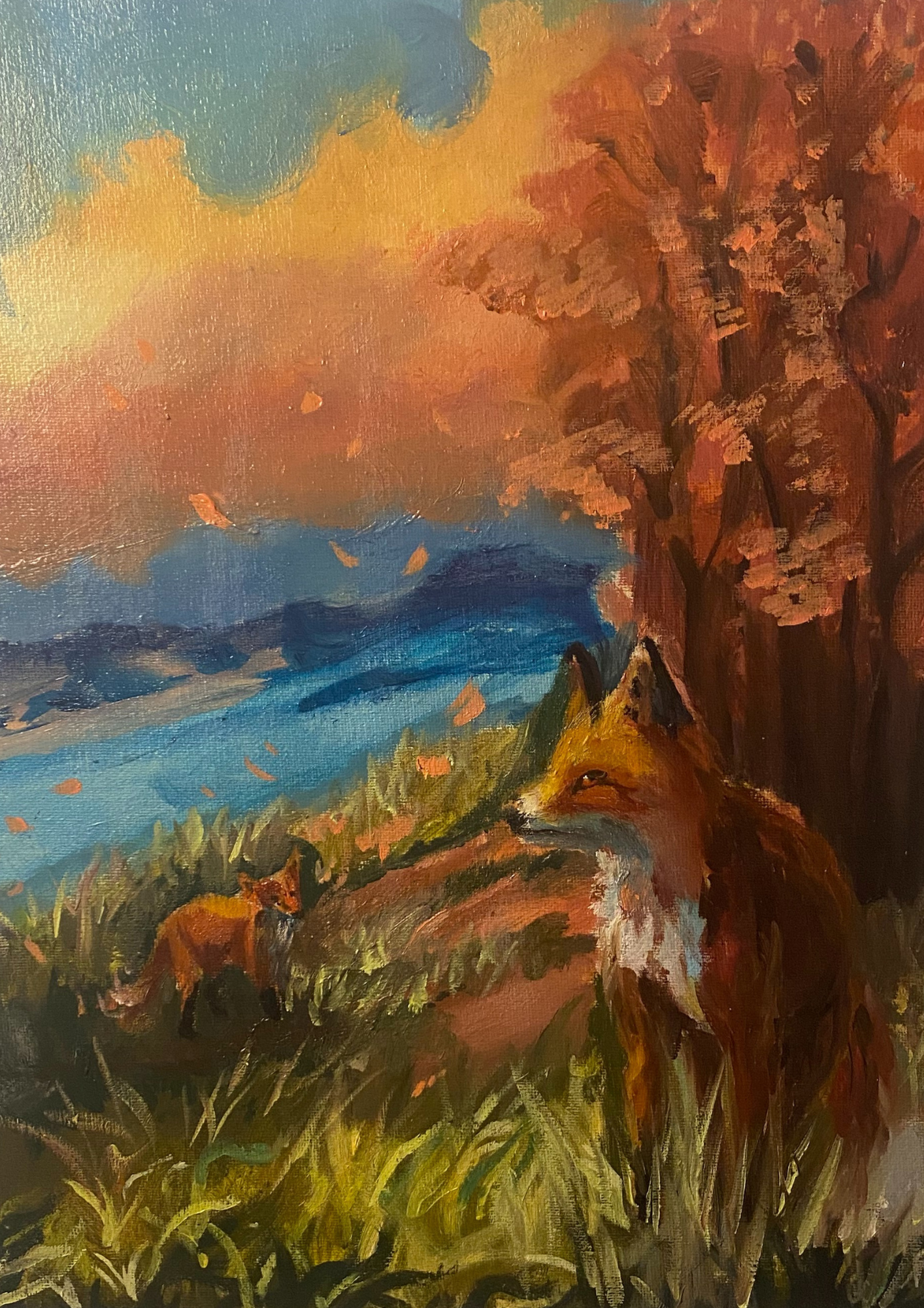 Dipinto a olio su tela raffigurante due volpi in un paesaggio autunnale dai toni caldi e dorati, opera d’arte originale in vendita a Rimini e in Italia.